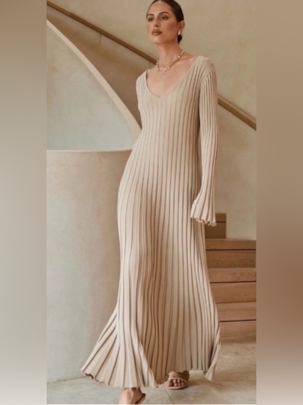 DISSH Reign Long Sleeve Stretch Ribbed Knit Midi Dress Stone Size Small NEW - Picture 2 of 13